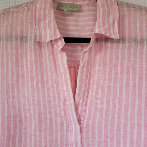 Pink & white striped light linen Charlie Paige pop over top with button back - Picture 4 of 7